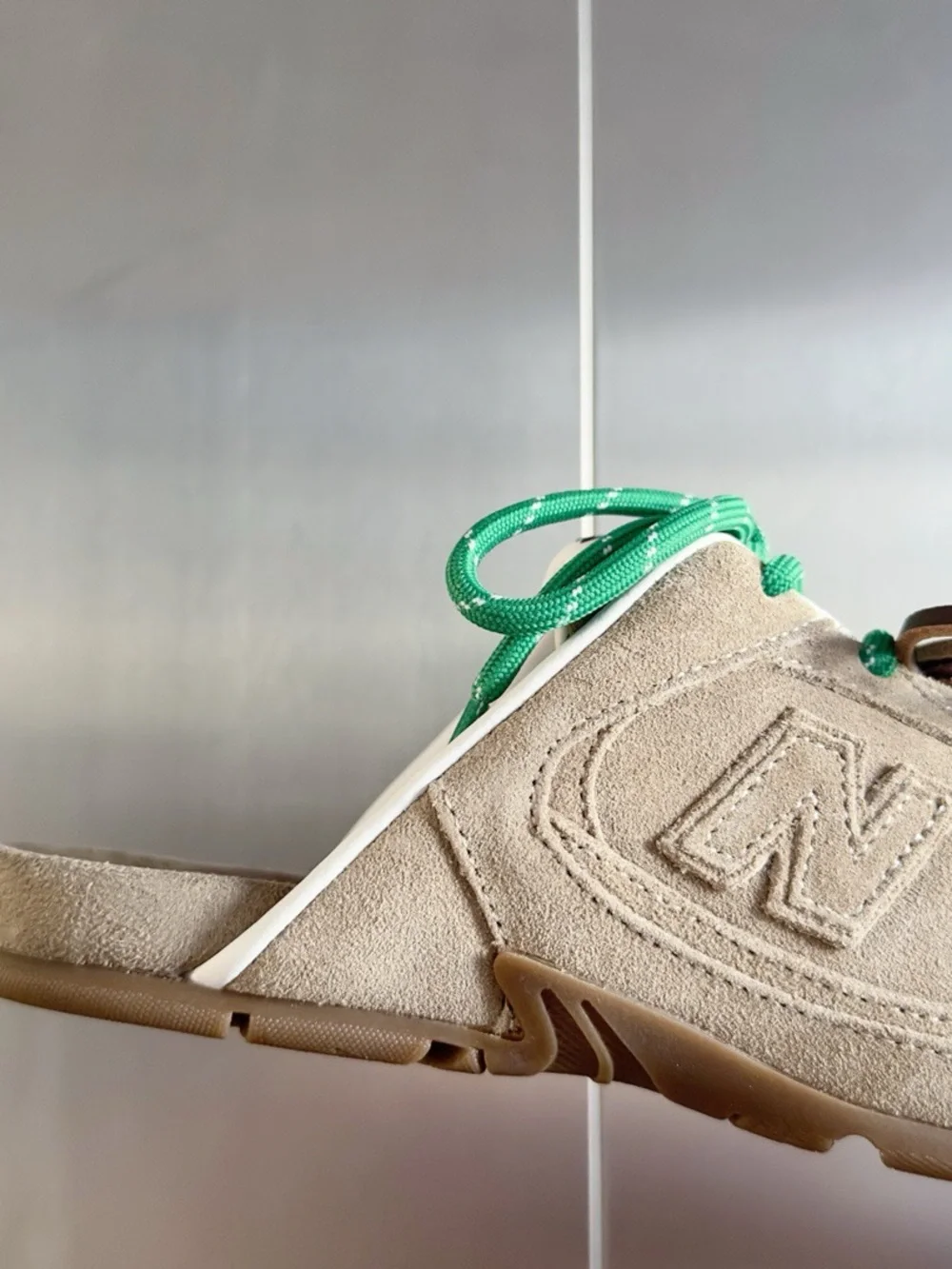 Miu Miu Beige Suede Kids Sneakers with White, Brown and Green Laces